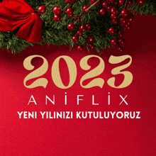 a red background with a christmas wreath and the year 2023