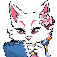a cartoon drawing of a white cat with pink flowers on her head
