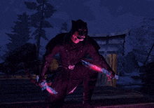 a video game character is holding a pair of glowing knives