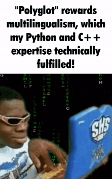 a man wearing sunglasses is using a laptop with a shs logo