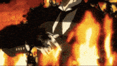 a man in a tuxedo is standing in front of a fire with a watermark that says crunchyroll