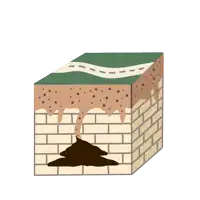 a drawing of a brick wall with a building on top