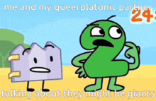 two cartoon characters are standing next to each other on a beach talking about they might be giants .