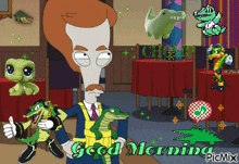 a cartoon of a man surrounded by alligators with the words good morning written on the bottom