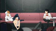 a group of anime characters sitting on a couch with a bottle of coca cola