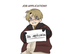 a cartoon character is holding a sign that says job application