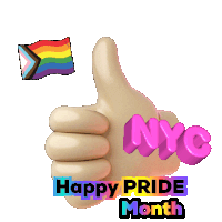 a hand giving a thumbs up with the words happy pride month