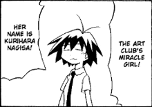 a black and white drawing of a boy with the words her name is kurihara nagisa