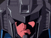 a close up of a cartoon character 's face with a black helmet on