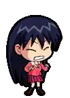 a pixel art drawing of a girl with long black hair and a red shirt .