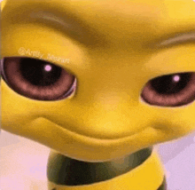 a close up of a cartoon character with big eyes and a smile on his face .
