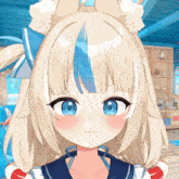 a blonde anime girl with blue eyes and a bow in her hair