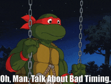 a teenage mutant ninja turtle sitting on a swing with the words oh man talk about bad timing
