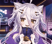 a girl with white hair and cat ears is smiling and holding a box