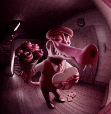 a cartoon character is holding a heart and roses