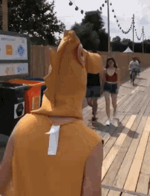 a man wearing a dinosaur costume is walking down a wooden path
