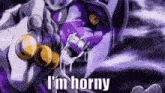 a purple and white cartoon character is holding a gun and says `` i 'm horny '' .