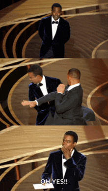 a man in a tuxedo says oh yes on stage