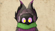 a drawing of a purple and black monster with a green scarf around its neck