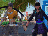 a couple of girls standing next to each other holding hands in a video game