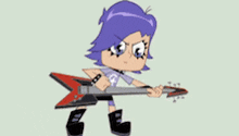 a cartoon girl with purple hair is holding a guitar and smiling