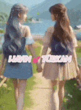 a couple of girls holding hands with the name havin and turkan written above them