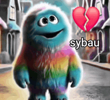 a cartoon character with a broken heart and the word sybau