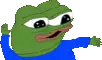 a pixel art drawing of a green frog wearing a blue shirt .