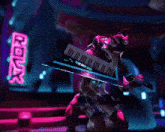 a video game character is holding a keyboard in front of a neon sign that says rock