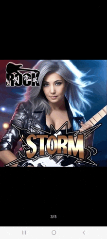 a picture of a woman playing a guitar with the words rock storm behind her