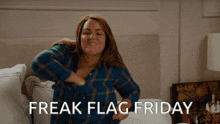 a woman sitting on a bed with the words freak flag friday written on the bottom
