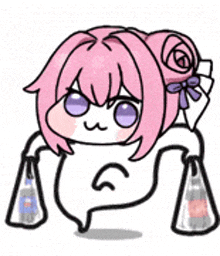 a cartoon of a girl with pink hair and purple eyes holding a bag of soda .
