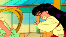 a cartoon of a girl with long hair standing next to another girl with long hair .