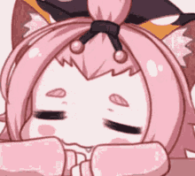 a close up of a cartoon girl with pink hair and cat ears sleeping .