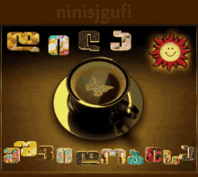 a cup of coffee sits on a saucer with a butterfly on it