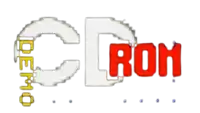 a white and red logo that says demo on it