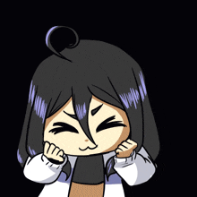 a cartoon drawing of a girl with long black hair and a heart in her mouth