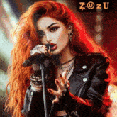 a woman with red hair is singing into a microphone with the word zozu on the bottom