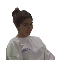 a woman wearing a white shirt that says ' s only ' on the front