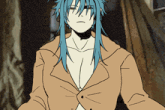 a drawing of a person with long blue hair