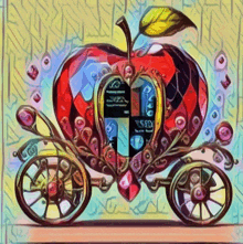 a painting of a carriage in the shape of an apple with a leaf on top
