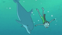 a cartoon girl is swimming in the ocean with a dolphin behind her