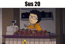 a cartoon of a man standing behind a counter with $ us 20 written on the top
