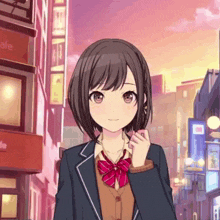 a girl in a school uniform is standing on a city street
