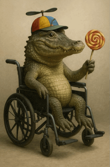 a crocodile in a wheelchair holds a lollipop