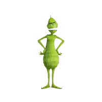 a green cartoon character with a white stripe on his face is standing with his hands on his hips