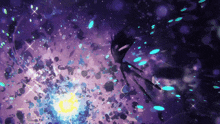 a purple and blue background with a few stars