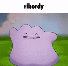 a purple monster is standing in a grassy field with the word ribordy above it .