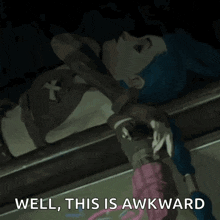 a cartoon character with blue hair is laying down with the words `` well , this is awkward '' written on the bottom .