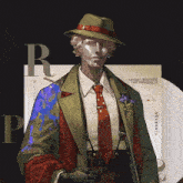 a drawing of a man in a hat and tie with the letter r in the corner